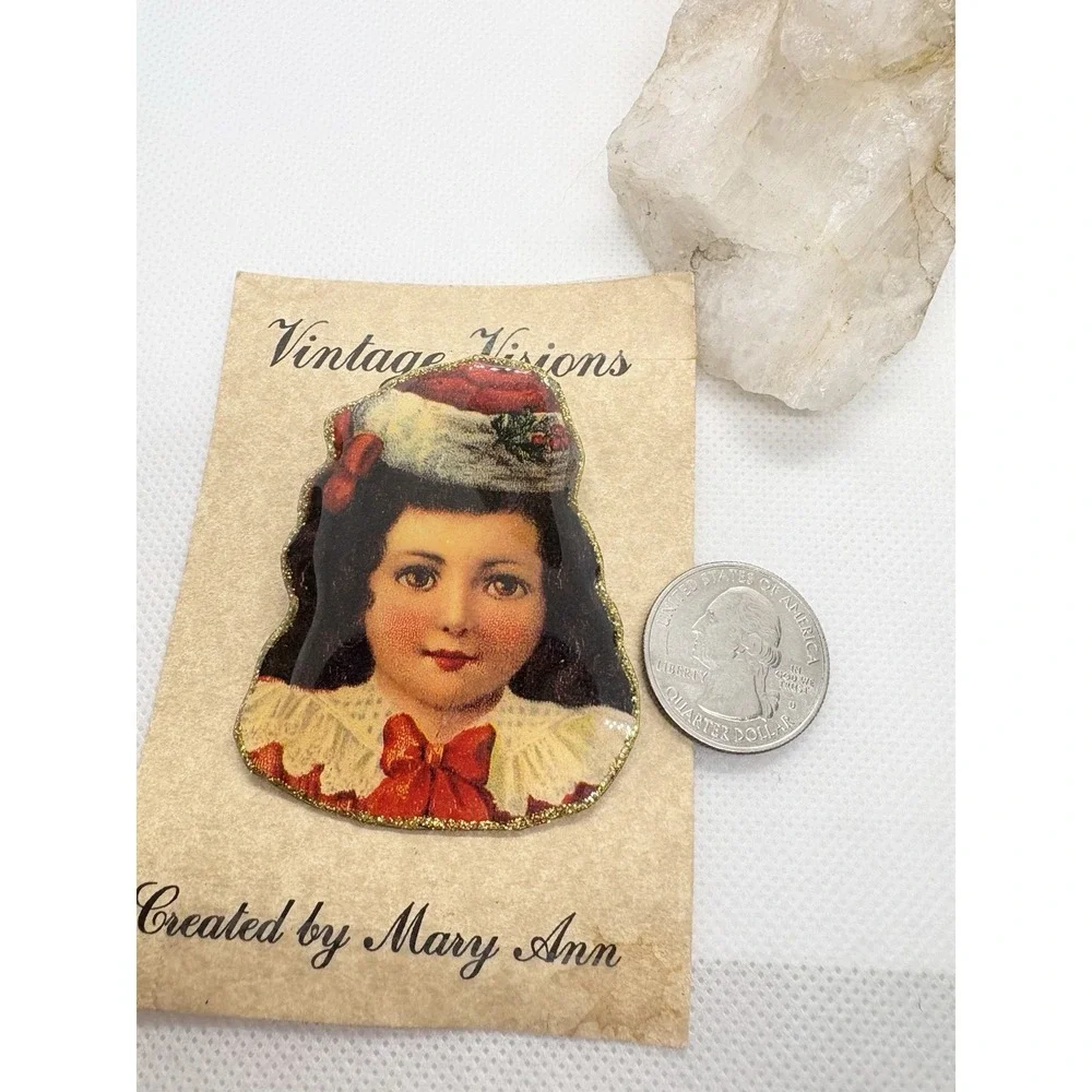 Vintage Visions Girl Christmas Brooch Pin Glitter Edge Signed Mary Ann Handmade